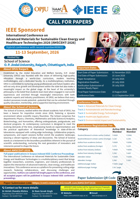 IEEE sponsored International Conference on Advanced Materials for Sustainable Clean Energy and Healthcare Technologies 2026 (AMSCEHT-2026)